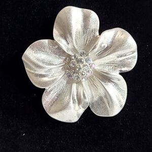 RMN Vintage Brooch Pendant Flower With AB Stone Center 2"x 2" Silvertone Pin